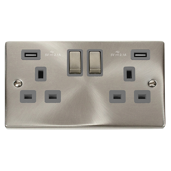 CLICK DECO 13A 2 GANG SWITCHED SOCKET WITH 2 X 2.1A USB OUTLETS VICTORIAN SATIN CHROME GREY